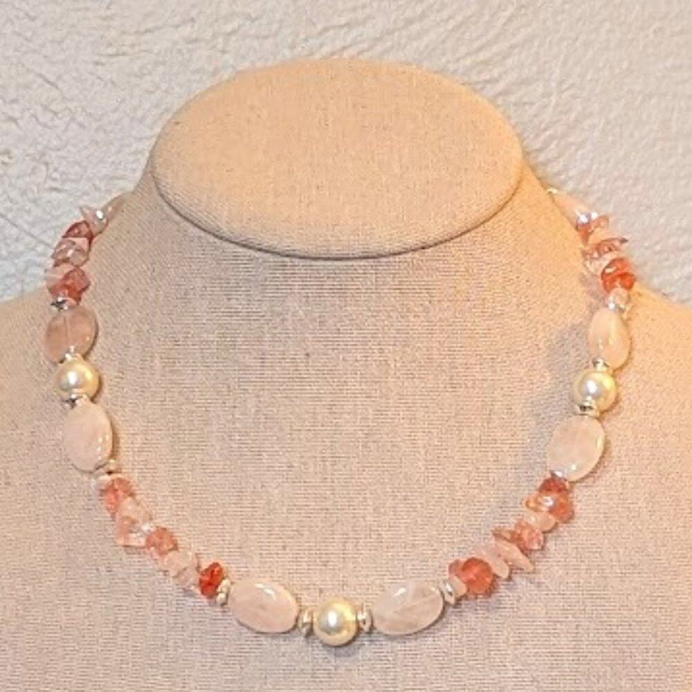 Chaps NWOT Pink Quartz Faux Pearl Silver Tone Beaded Necklace